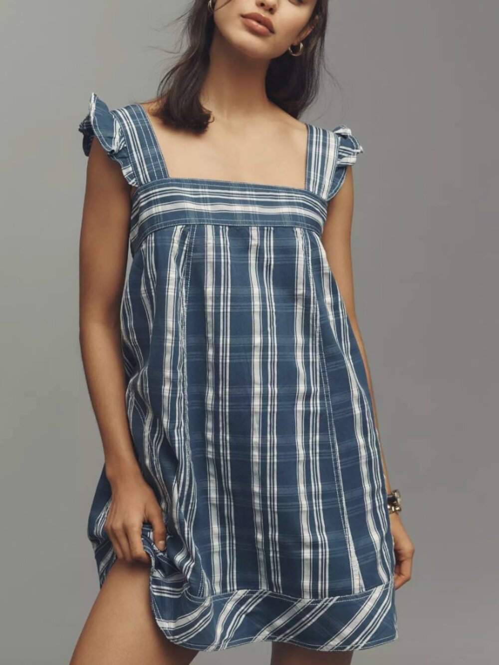 Anthropologie Pilcro Lakeside Swing Mini Dress | Size XL, Denim Blue & White